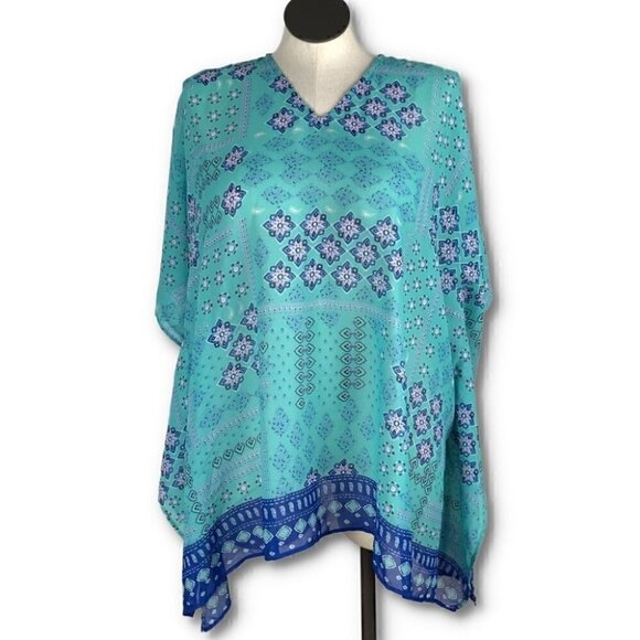Coldwater creek Womens poncho size 2X 3X blue geometric - Picture 1 of 10